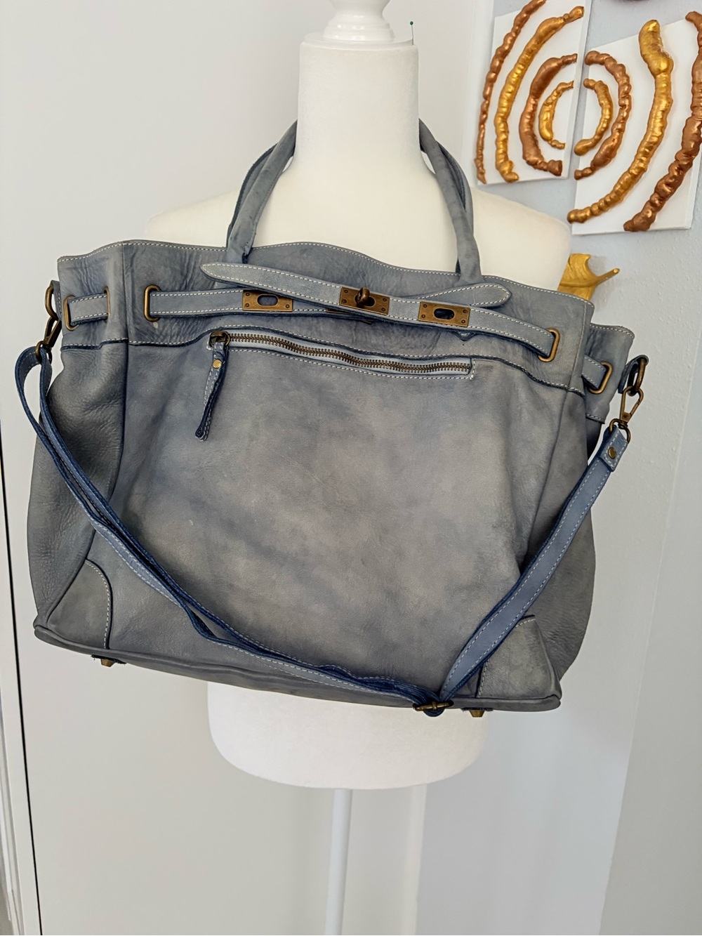 Soft Leather Slate Blue Tote with Detachable Strap